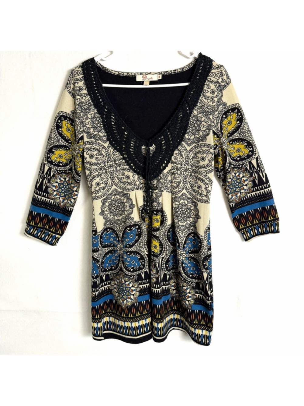 Peasant Tunic Top Womens M Medallion Print Crochet V Neck Tassel Boho Festival